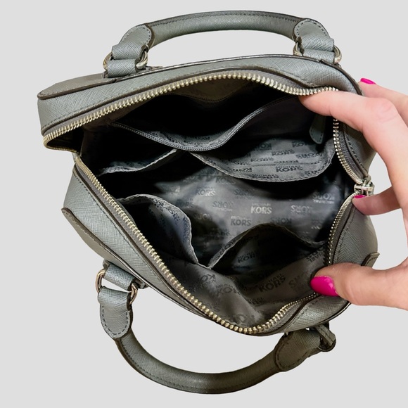 Michael Kors Gray Top Handle Satchel Handbag Silver Chrome Hardware Logo S/M - Picture 6 of 10